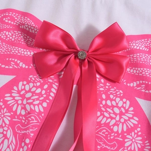 Gros plan d'un nœud papillon en satin fuchsia avec strass argentés sur tissu blanc