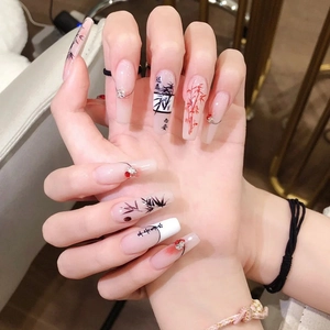 Handmade Press On Nails Chinese Ink Wash Bamboo Calligraphy Rhinestone Long Coffin Artificial False Nails For Women