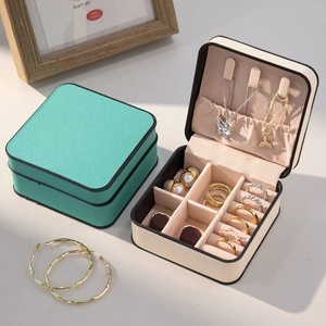 Portable mini jewelry box for girls with necklace hooks and ring slots in turquoise blue