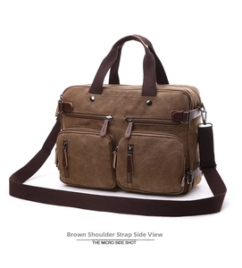 Detail view of coffee canvas laptop bag with two front pockets and leather reinforcements