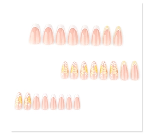 Macro shot of French pink almond press-on nails with floral and lace detail patterns
