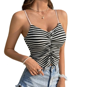 Slim fit black and white striped knitted tube top with V-neck pleats and thin shoulder straps