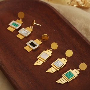 Art Deco style geometric gold plated stainless steel earrings with malachite and shell inlay