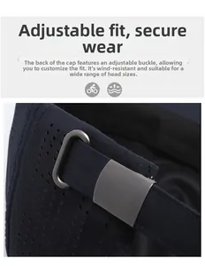Detailed view of the adjustable metal buckle and breathable fabric on this navy baseball cap