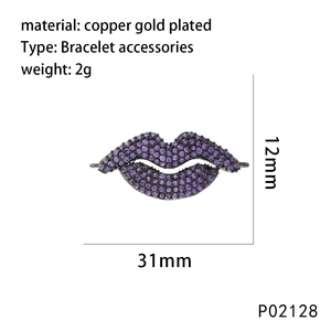 Detailed close-up of lip-shaped copper pendant with purple zircon and black plating