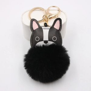 Cute French Bulldog Keychain Faux Fur Pom Pom PU Leather Puppy Dog Bag Pendant Accessory For Women Girls