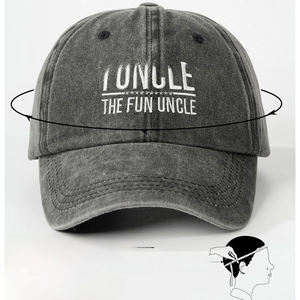 Black washed denim baseball cap with FUNCLE embroidery and head measurement guide