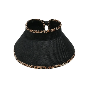Detail of a foldable black straw visor hat featuring leopard print trim and open top
