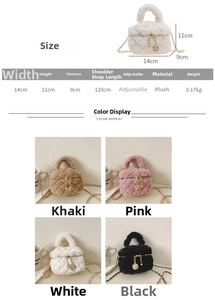 Detailed size chart for kids plush quilted mini handbag with measurements and 4 color options