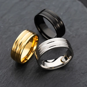 8mm wide stainless steel men's ring with polished grooves in gold, silver, and black