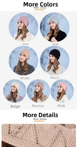 Detail of winter knitted hats in seven colors featuring hollow texture and pearl accents
