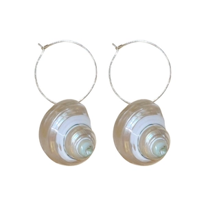 Exaggerated conch shell hoop earrings with pearlescent finish and silver circle charms