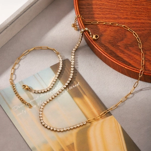 Gold paperclip and zircon tennis chain necklace set with luxury stainless steel finish