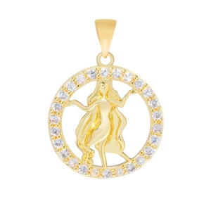 Macro shot of gold-plated Virgo zodiac pendant with sparkling cubic zirconia inlay