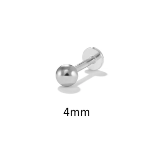 Detail showing a 4mm polished sterling silver ball labret stud with a flat back design