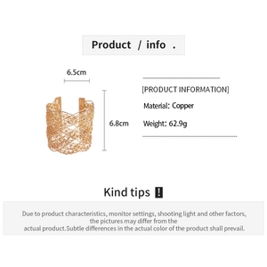 Detail view of golden mesh cuff bracelet showing 6.5cm width and 6.8cm height dimensions