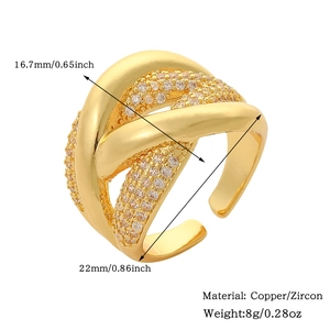 Detailed view of adjustable golden copper ring with zircon inlay and size measurements