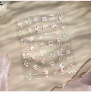 Detail of laser butterfly and floral nail art stickers with iridescent pearlescent finish