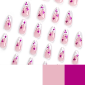 Long almond press on nails with purple French tips and glitter star patterns