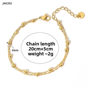 Close-up of double-layer gold bead anklet in stainless steel with detailed dimensions