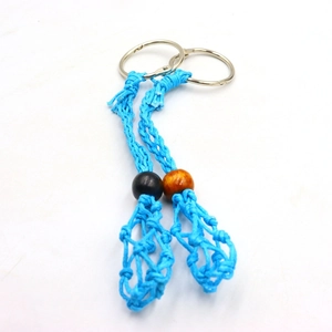 Adjustable sky blue woven net keychain with wooden beads in a 2-piece set for bags