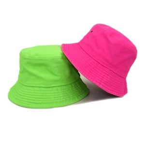 Retro washed cotton bucket hats in neon green and pink, breathable metal eyelet design