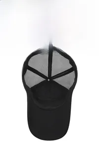 Detail view of the breathable black mesh back and reinforced stitching on a trucker cap