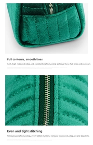 Close-up of emerald velvet makeup bag featuring golden zipper and high-quality stitching