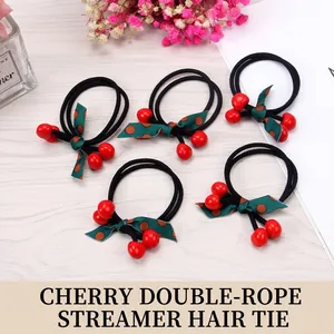 Sweet Cherry Bowknot Elastic Hair Ties Korean Style Ribbon Hair Ropes Polka Dot Plaid Pattern Ponytail Holders Hair Accessories
