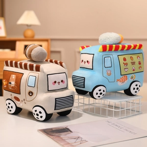Coussins peluches créatifs en forme de food truck avec motifs café et sushi mignons