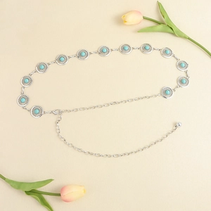 Bohemian silver metal waist chain with turquoise circular stones and adjustable lobster clasp