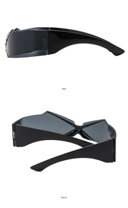 Side and back view of black Y2K rimless sunglasses with cyberpunk wraparound frame