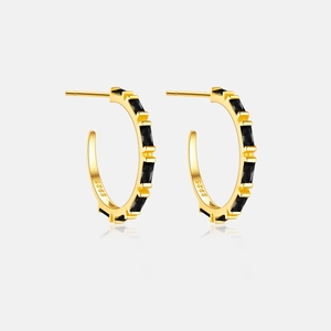 Detail view of S925 sterling silver C-shaped hoop earrings with black zircon stones