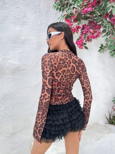 Long sleeve leopard print mesh top with tiered ruffle skirt in a trendy summer style