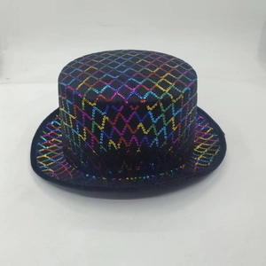 Detailed top view of a black top hat with vibrant rainbow sequins in a diamond pattern