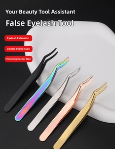 Five stainless steel eyelash tweezers in various colors arranged on a display platform