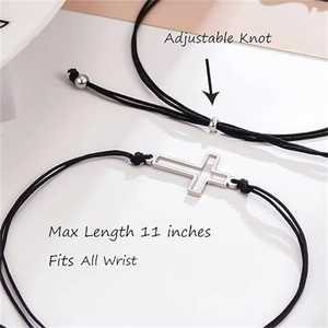 Vue détaillée du nœud réglable sur bracelet croix noir avec longueur de 11 pouces