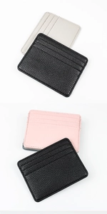 Close-up of slim lychee pattern card holders in black, beige, and pink colors