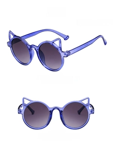 Detailed views of purple cat-ear children's sunglasses with gradient grey lenses