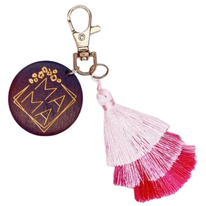 Handmade Bohemian MAMA keychain with pink gradient tassel and engraved wooden pendant