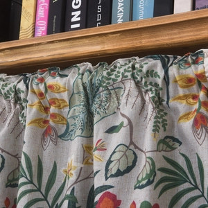 Short floral cotton linen cafe curtain with green leaves and ruffles for cabinetry