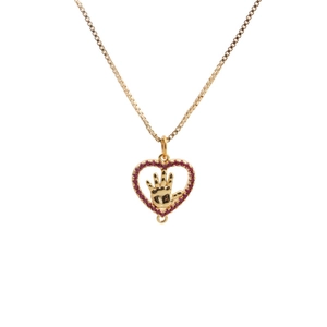 Gold plated box chain necklace with red gemstone heart pendant and handprint design