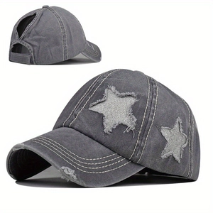 Distressed dark grey ponytail baseball cap with star patches and washed denim look
