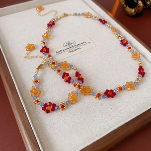 Collier Et Bracelet En Perles De Fleurs Colorées Bijoux En Alliage Perles De Verre Fait Main Style Vacances Pour Femmes