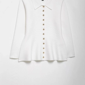 Elegant white peplum knit jacket with gold buttons and a flattering slim fit waist