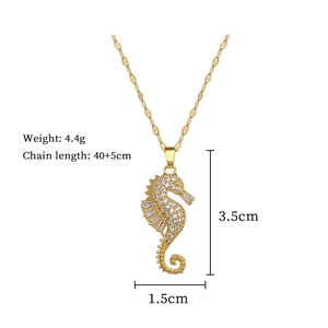 Detailed dimensions of gold seahorse pendant with crystals, weighing 4.4g on a 45cm chain
