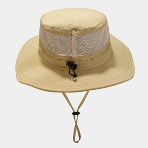 Khaki quick-dry bucket hat with breathable mesh panel and adjustable chin strap
