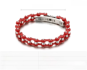 Detail of red and silver stainless steel motorcycle chain bracelet showing 181x9mm size