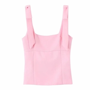 Pink slim fit tank top with bow straps and structured square neckline for women