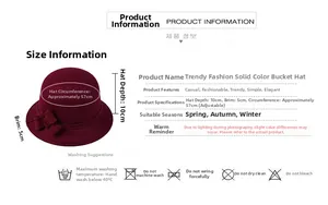 Size chart for winter wool bucket hat featuring adjustable 57cm circumference and care guide